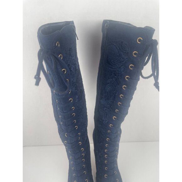 Knee-High Navy Blue Lace-Up High Boots Sz 7 Stiletto & Side Zipper Goth Witchy - Picture 6 of 16